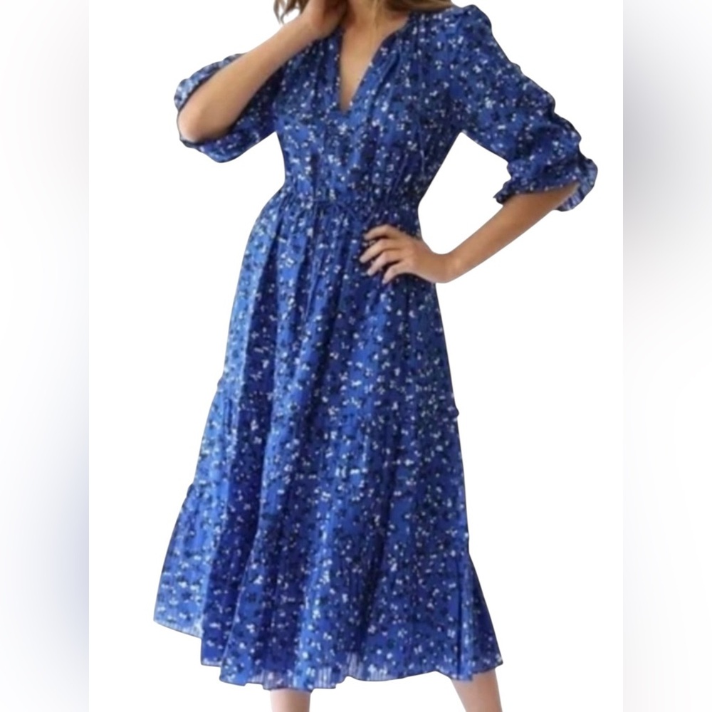 Ulla Johnson Fantine Cotton & Silk Floral Ruffle Trim Tie Split Neck Midi Dress